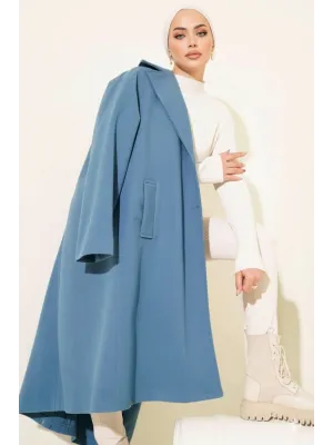 Gök Mavisi Premium Kruvaze Yaka Oversize Uzun Kaşe Kaban