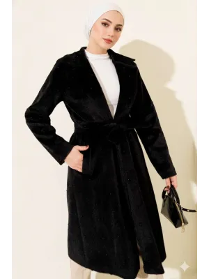 Siyah İncili Kaşe Kaban Kuşaklı Anvelop Uzun Palto