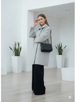 Gri Moskov Premium Kruvaze Yünlü Kaşe Kaban