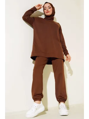 Kahve Arma Detaylı Ribanalı Rahat Kesim İkili Takım