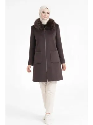 Kahve Kadın Kürk Yakalı Fermuarlı Kaşe Kaban