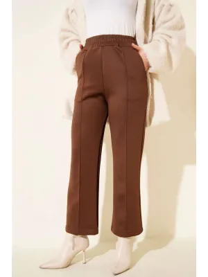 Kahverengi Çımalı Yüksek Bel Boru Paça Pantolon