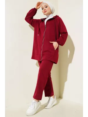 Kanguru Cepli Fermuarlı İkili Takım Bordo