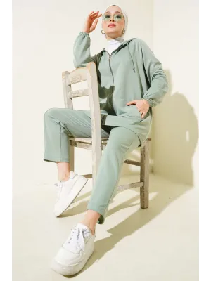 Kanguru Cepli Fermuarlı İkili Takım Çağla Yeşili