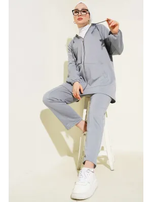 Kanguru Cepli Fermuarlı İkili Takım Gri