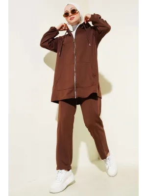 Kanguru Cepli Fermuarlı İkili Takım Kahve