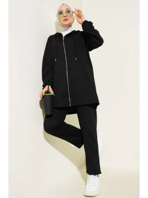 Kanguru Cepli Fermuarlı İkili Takım Siyah