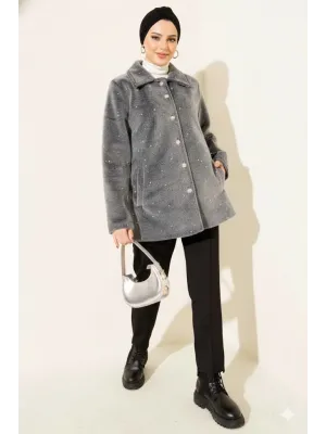 Gri Lüks Tay Tüyü İnci İşlemeli Kaban