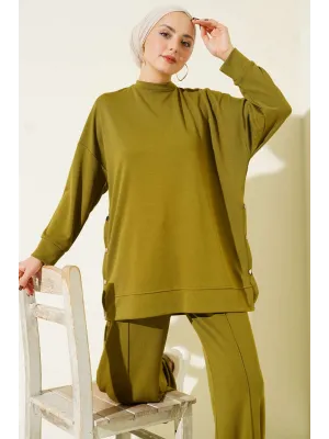 Bisiklet Yaka Yanları Metal Düğmeli İkili Takım Yağ Yeşili