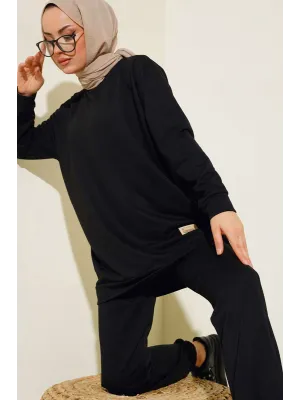 Siyah Arma Detaylı Ribanalı Rahat Kesim İkili Takım