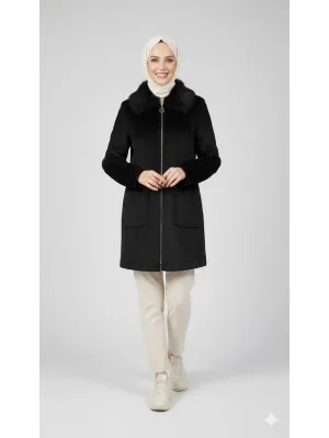 Siyah Kadın Kürk Yakalı Fermuarlı Kaşe Kaban