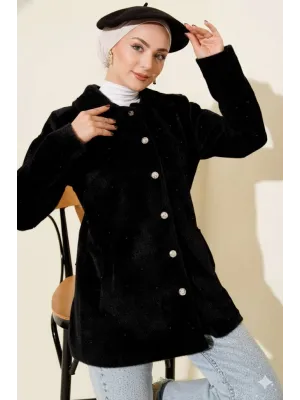 Siyah Lüks Tay Tüyü İnci İşlemeli Kaban