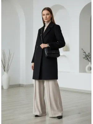 Siyah Moskov Premium Kruvaze Yünlü Kaşe Kaban