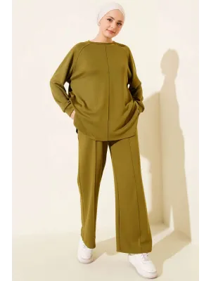 Yağ Yeşil Oversize Sweatshirt ve Geniş Paça Pantolon Kombin Takım