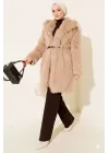 Bej Lüks Kürk Detaylı Uzun Kaban