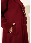 Bordo Premium Kruvaze Yaka Oversize Uzun Kaşe Kaban