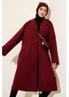 Bordo Premium Kruvaze Yaka Oversize Uzun Kaşe Kaban