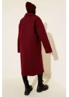 Bordo Premium Kruvaze Yaka Oversize Uzun Kaşe Kaban