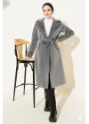 Gri İncili Kaşe Kaban Kuşaklı Anvelop Uzun Palto