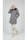 Gri Kadın Kürk Yakalı Fermuarlı Kaşe Kaban