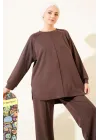 Kahve Rengi Oversize Sweatshirt ve Geniş Paça Pantolon Kombin Takım
