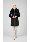 Siyah Kadın Kürk Yakalı Fermuarlı Kaşe Kaban