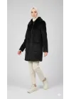 Siyah Kadın Kürk Yakalı Fermuarlı Kaşe Kaban