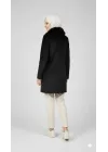 Siyah Kadın Kürk Yakalı Fermuarlı Kaşe Kaban