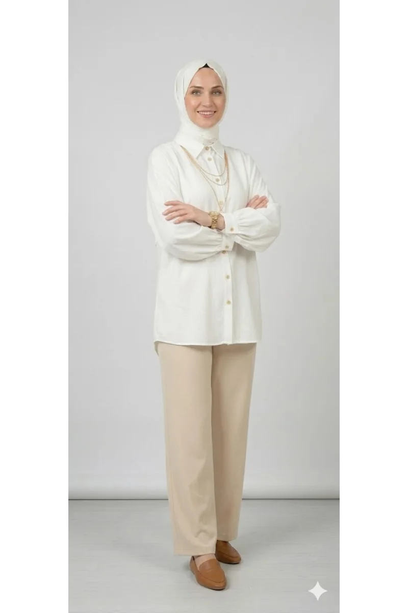 Yazgı Moda Kadın Beyaz Hakim Yaka Balon Kol Tesettür Gömlek