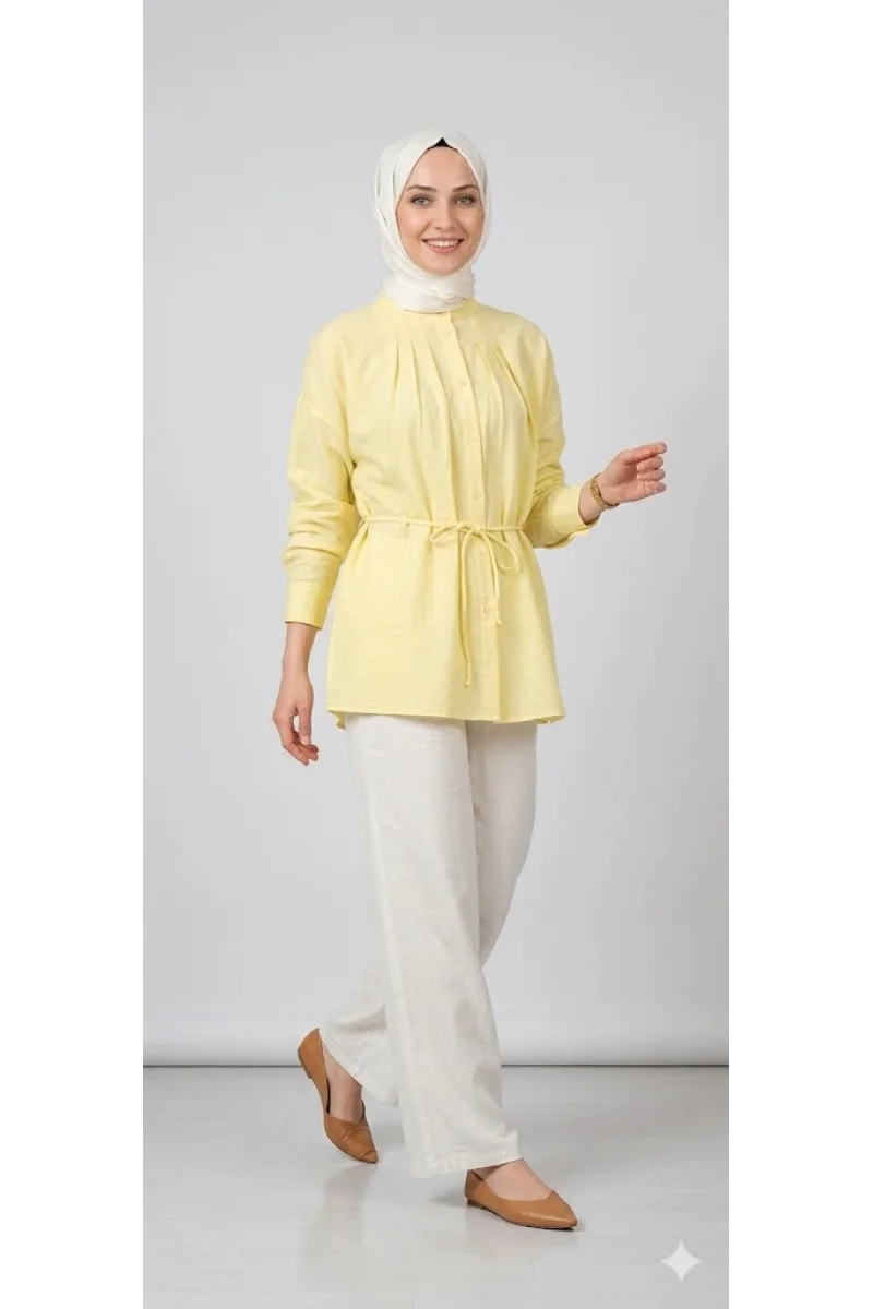 Yazgı Moda Kadın Limon Sarısı Hakim Yaka Kuşaklı Tesettür Gömlek