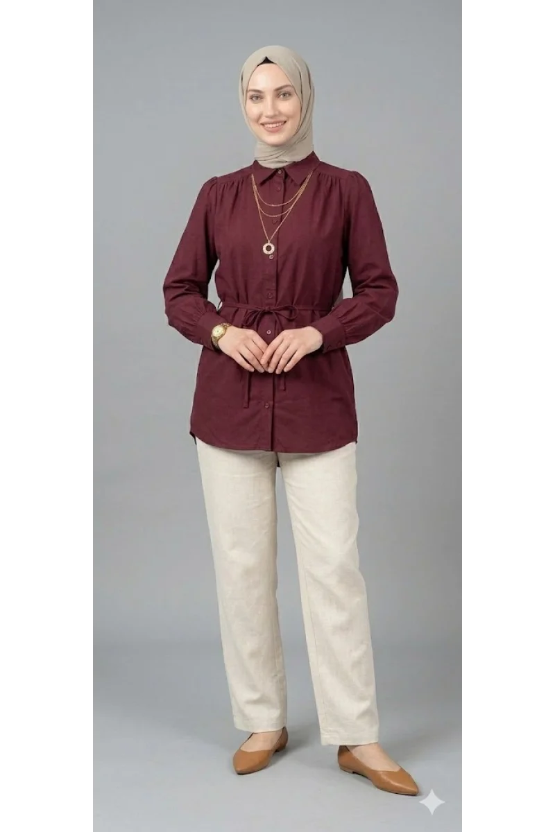 Kadın Bordo Belden Bağlamalı Düğmeli Tesettür Gömlek Tunik