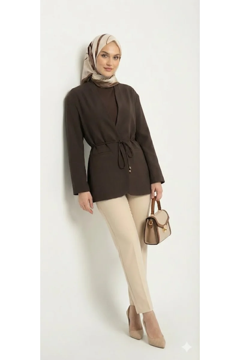 Yazgı Moda Kadın Koyu Kahve Beli Bağlamalı V Yaka Kruvaze Ceket