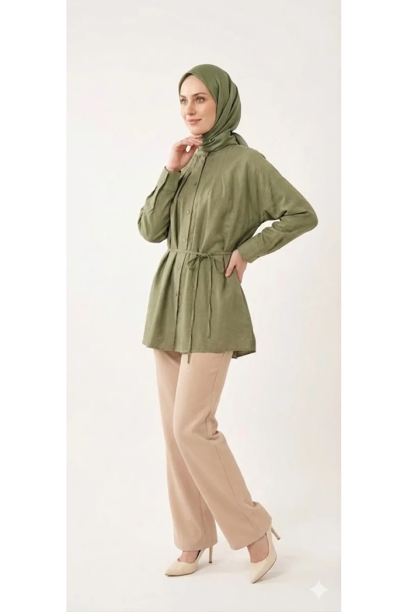 Yazgı Moda Kadın Haki Hakim Yaka Kuşaklı Tesettür Gömlek