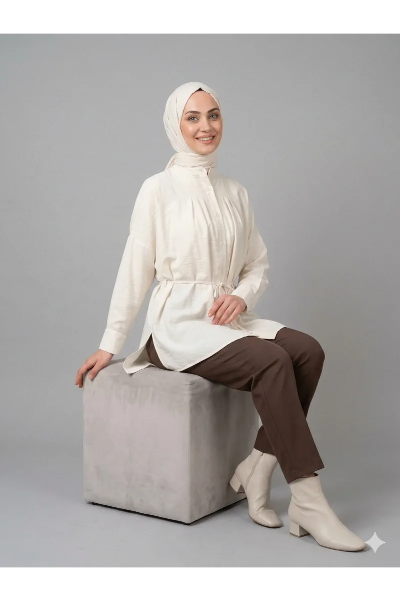 Yazgı Moda Kadın Ekru Hakim Yaka Kuşaklı Tesettür Gömlek