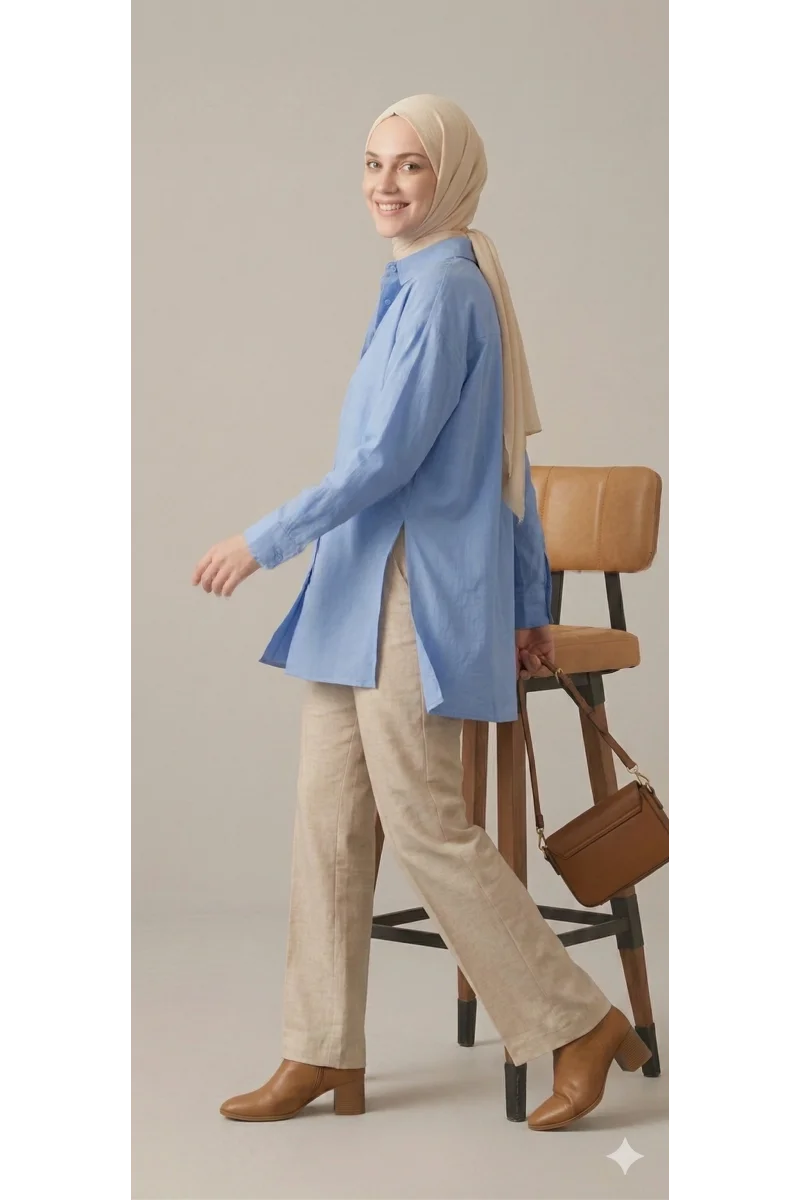 YAZGI MODA Kadın Mavi Çadır Kumaş Yanı Yırtmaçlı Uzun Gömlek Tunik