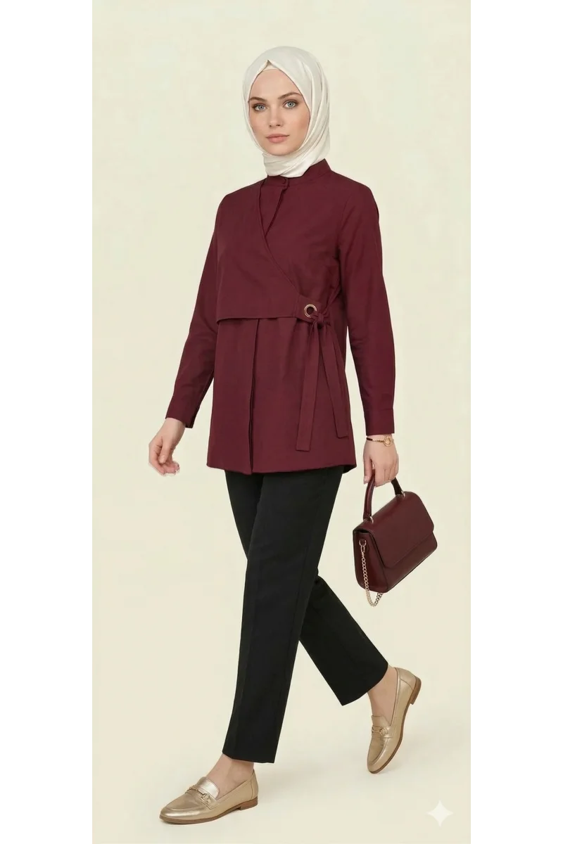 Yeni Sezon | Özel Tasarım Halka Detaylı Kruvaze Görünümlü Tunik - Bordo