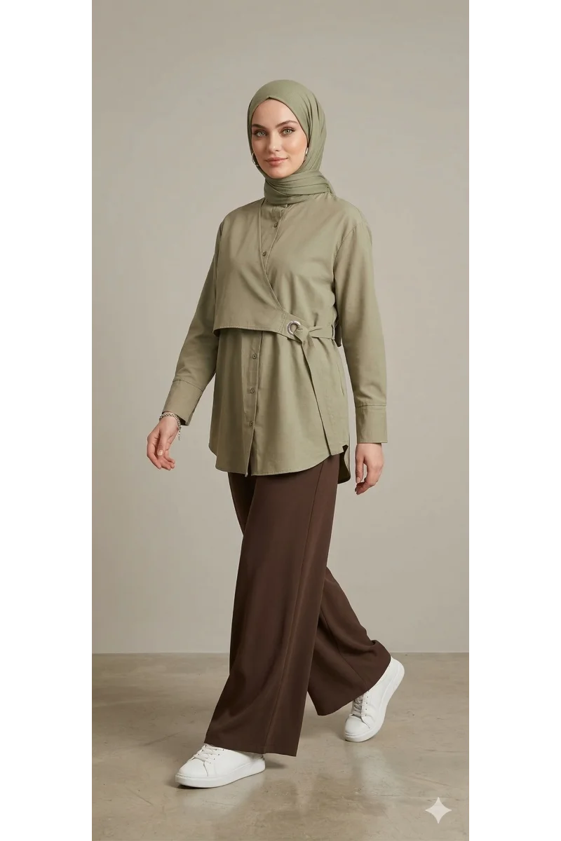 Yeni Sezon | Özel Tasarım Halka Detaylı Kruvaze Görünümlü Tunik - Çağla Yeşil