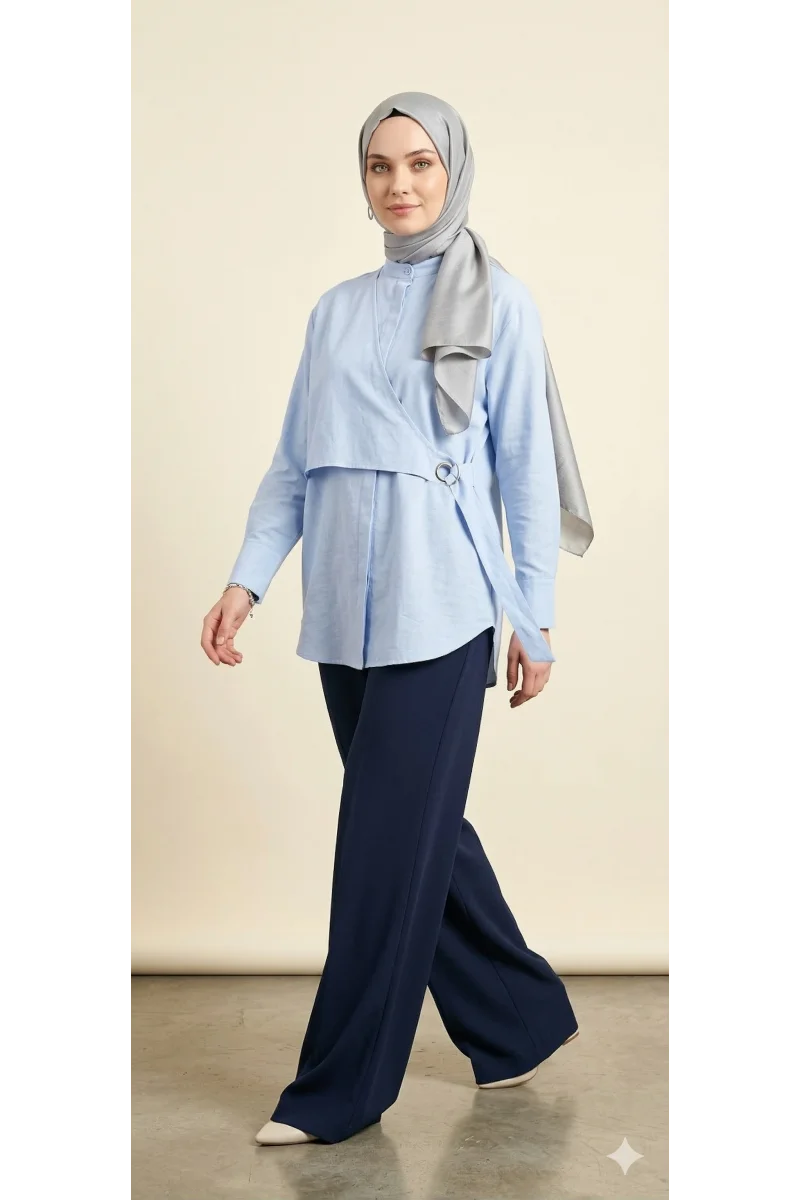 Yeni Sezon | Özel Tasarım Halka Detaylı Kruvaze Görünümlü Tunik - Mavi