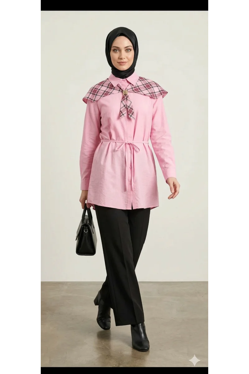 Ekose Pelerin Yaka Detaylı Kuşaklı Pembe Tunik Gömlek