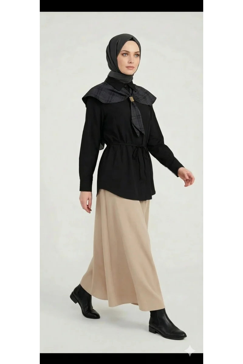 Ekose Pelerin Yaka Detaylı Kuşaklı Siyah Tunik Gömlek