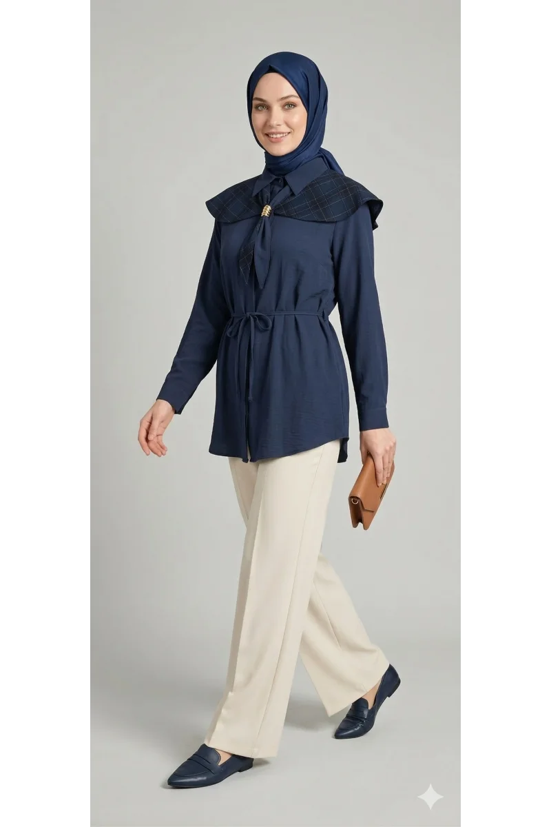 Ekose Pelerin Yaka Detaylı Kuşaklı Lacivert Tunik Gömlek