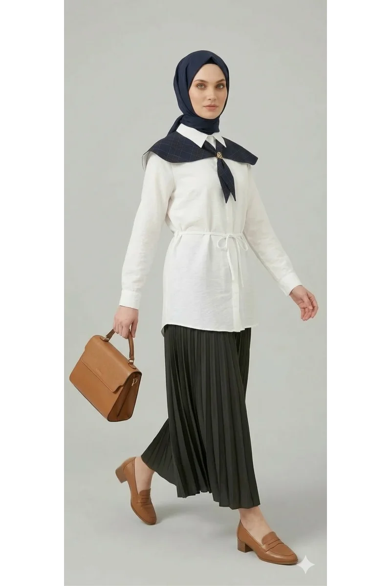 Ekose Pelerin Yaka Detaylı Kuşaklı Beyaz Tunik Gömlek