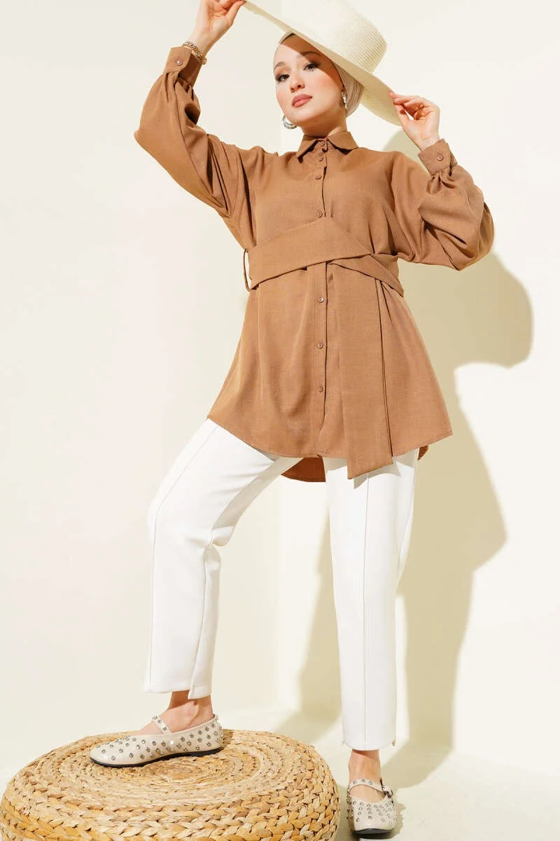 Kendinden Geniş Kuşaklı Gömlek Kahve