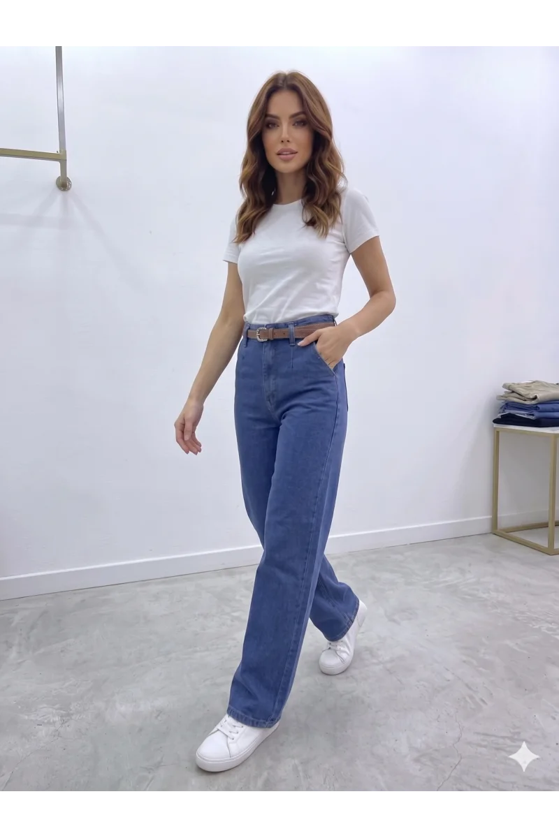 Yüksek Bel Dikiş Detaylı Geniş Kesim Kot Pantolon