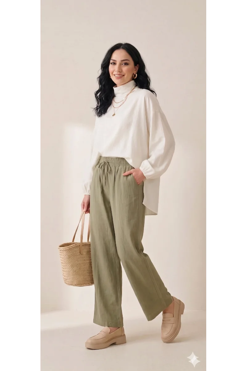 Yazgı Moda Kadın Haki Beli Lastikli Rahat Kalıp Keten Pantolon
