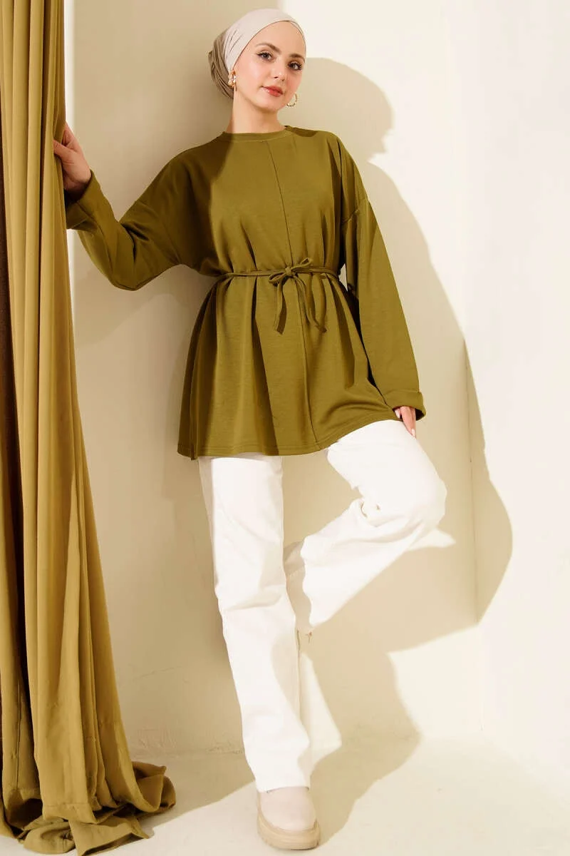 Bisiklet Yaka İp Kuşaklı Tunik Yağ Yeşil
