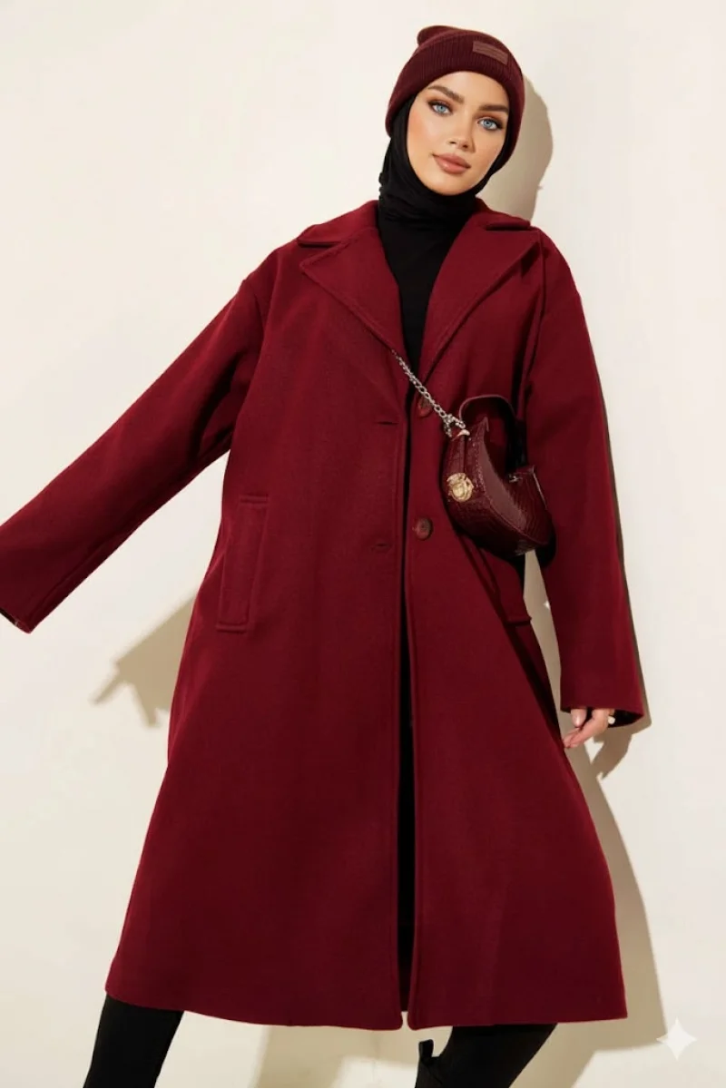 Bordo Premium Kruvaze Yaka Oversize Uzun Kaşe Kaban