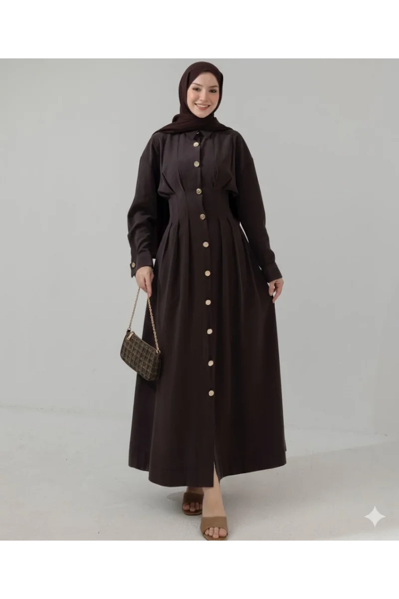 Düğme Detaylı Beli Büzgülü Tasarım Elbise