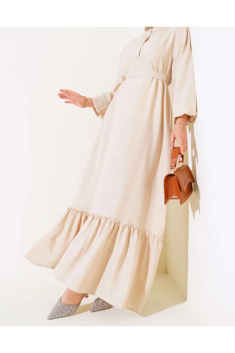 Fırfır Detaylı Yaka Düğmeli Elbise Bej