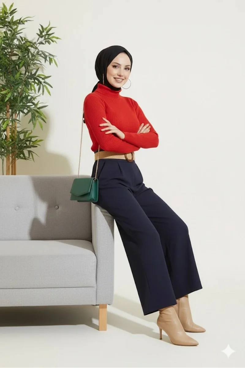 Kırmızı Boğazlı Fitilli Triko Body